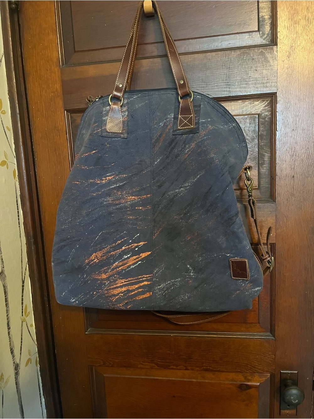 Elephant painted Navy Canvas Weekender Bag with Brown Leather Trim